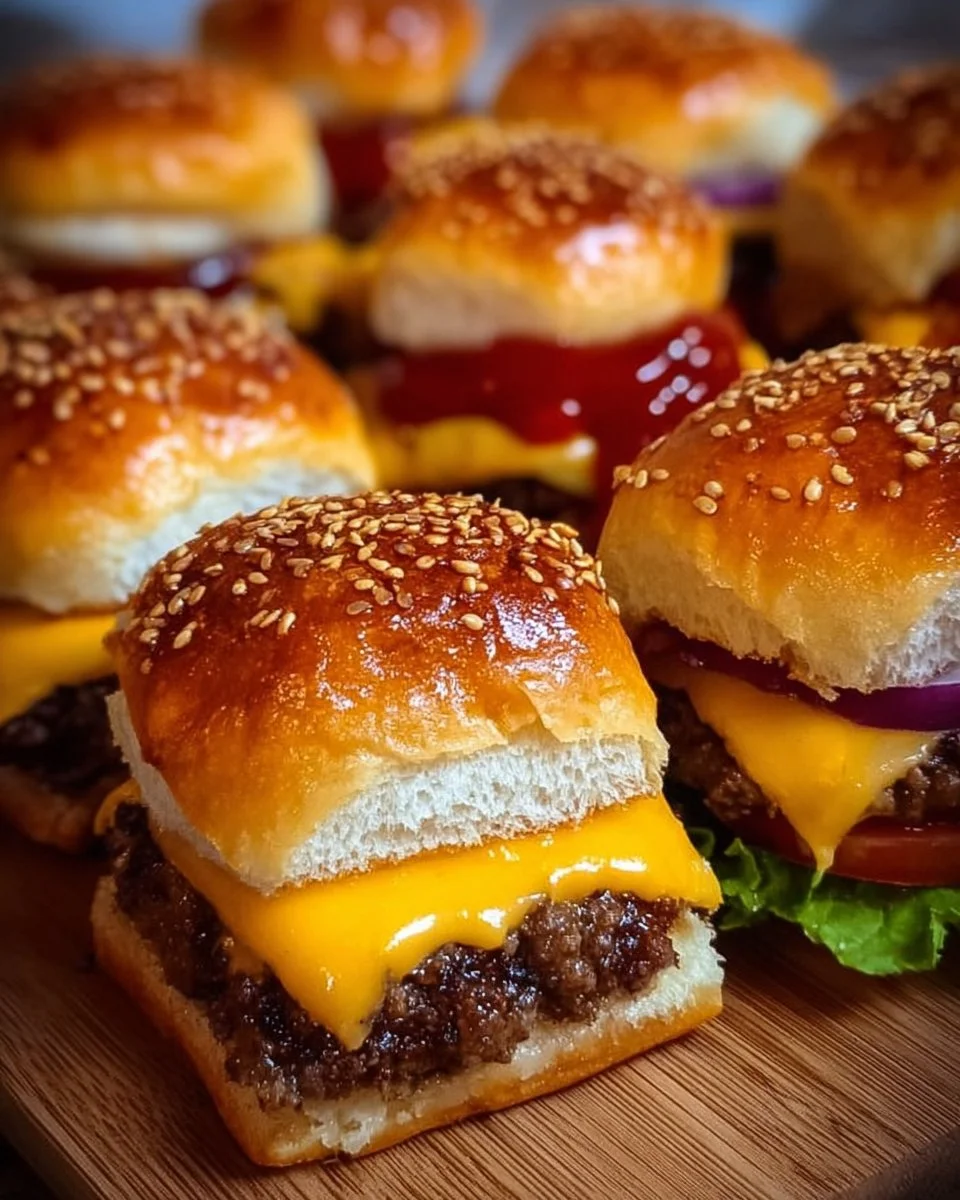 Delicious cheeseburger sliders served on a platter with toppings