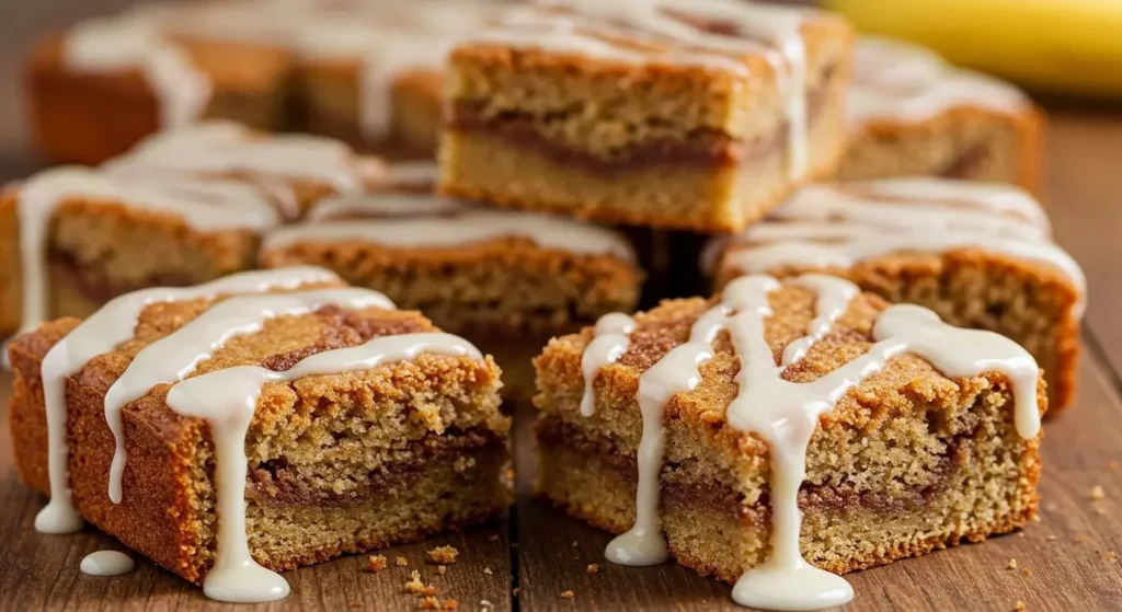 Cinnamon Banana Cake topped with creamy frosting and banana slices