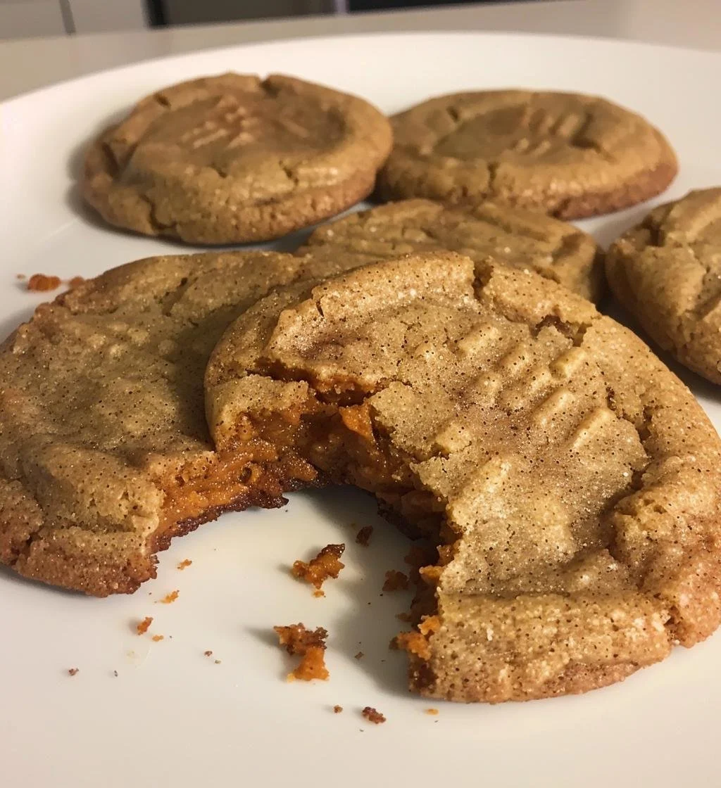 Seven delicious cinnamon sweet potato cookies on a rustic wooden table.