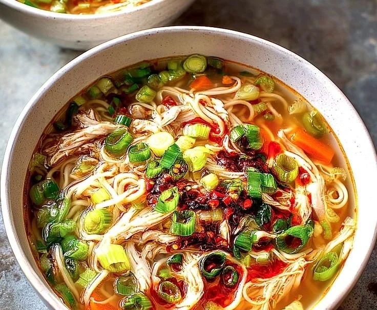 Bowl of Classic Ginger Garlic Chicken Noodle Soup garnished with herbs.