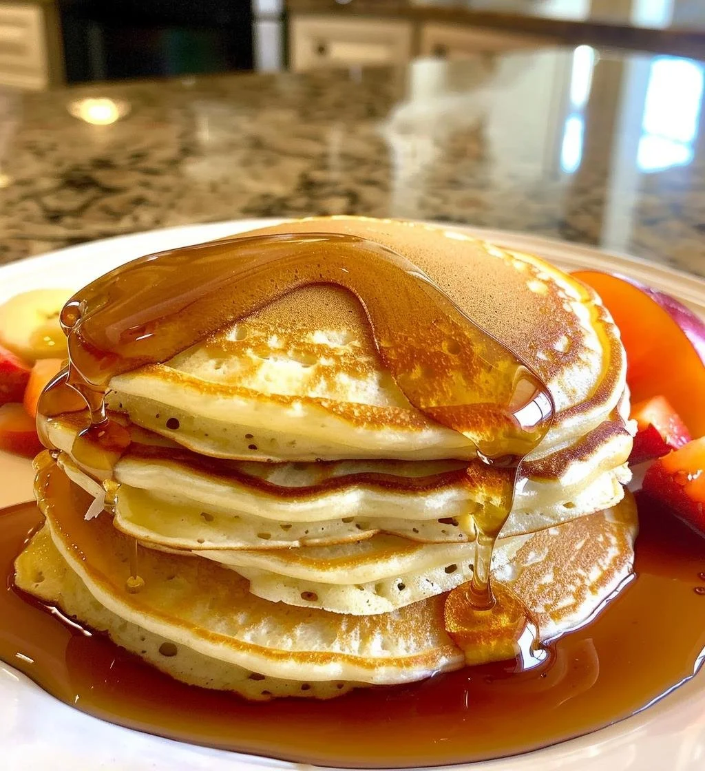 Delicious Coconut Cream Pancakes topped with fresh fruit and syrup