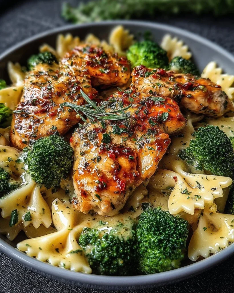 Delicious Cowboy Butter Lemon Bowtie Chicken with Broccoli dish served on a plate