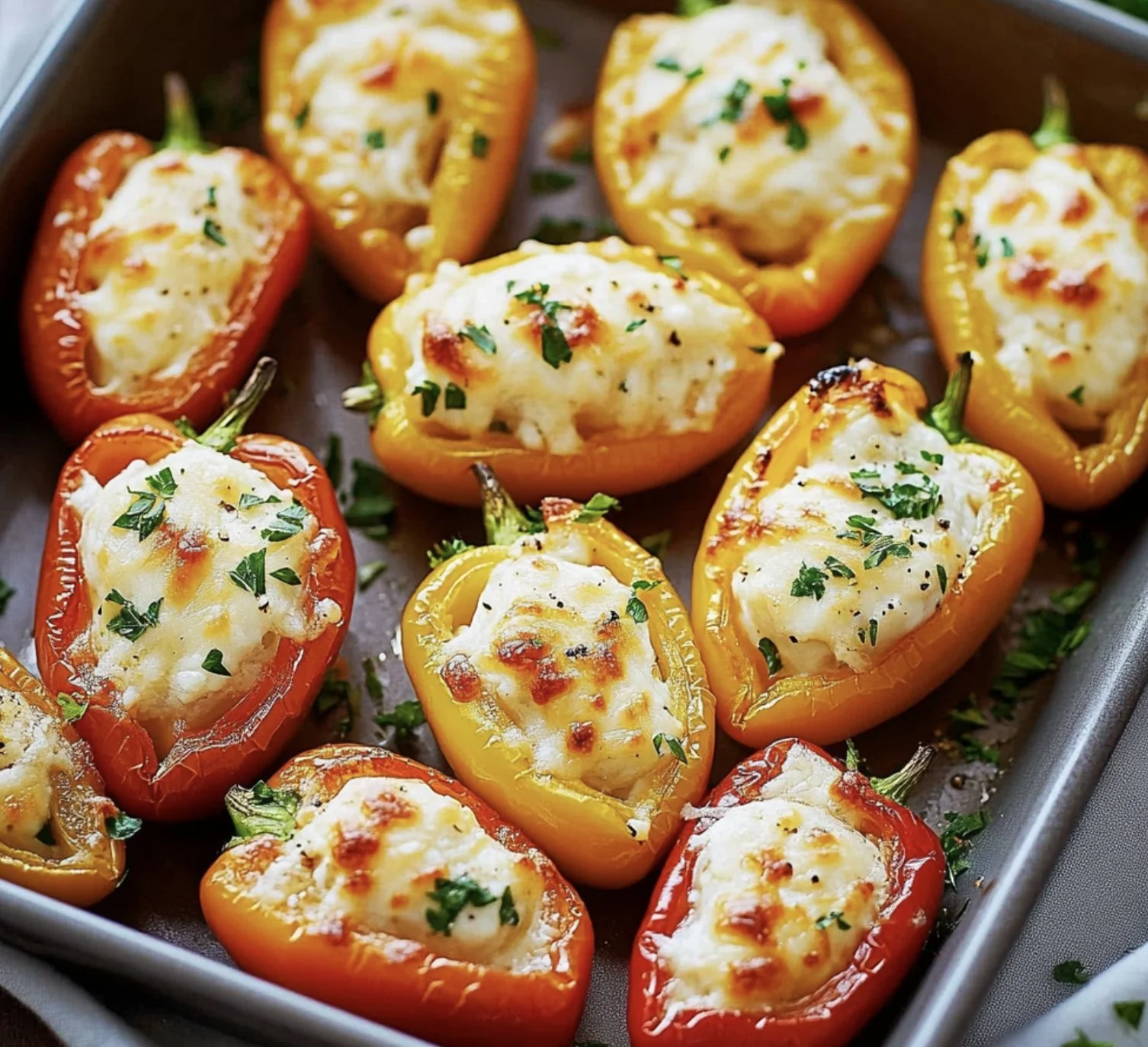 Colorful cream cheese stuffed mini peppers topped with herbs and spices.