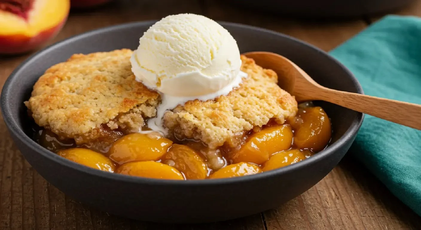 Creamy Peach Cobbler Cheesecake topped with fresh peaches