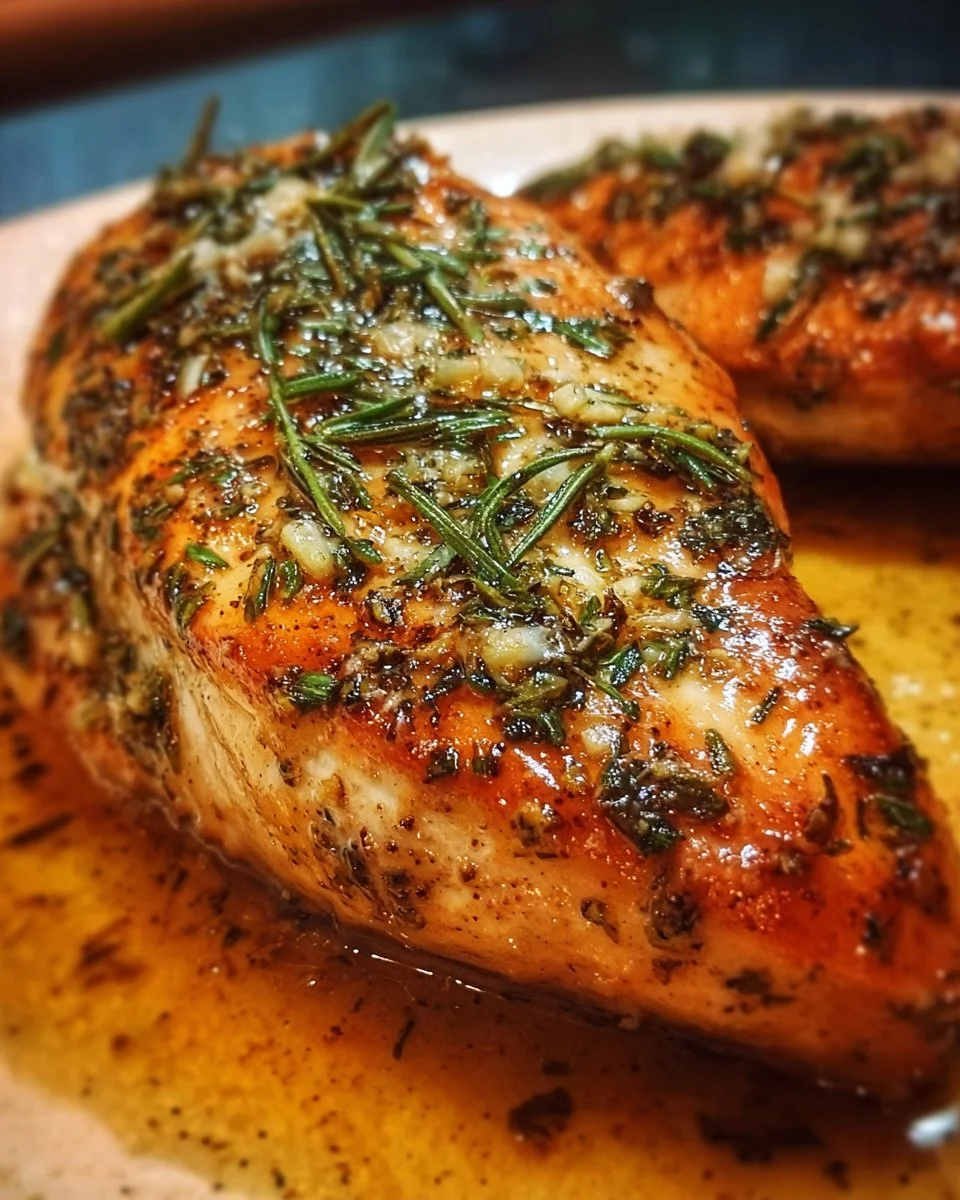 Garlic Herb Butter Baked Chicken Breast served with herbs and spices