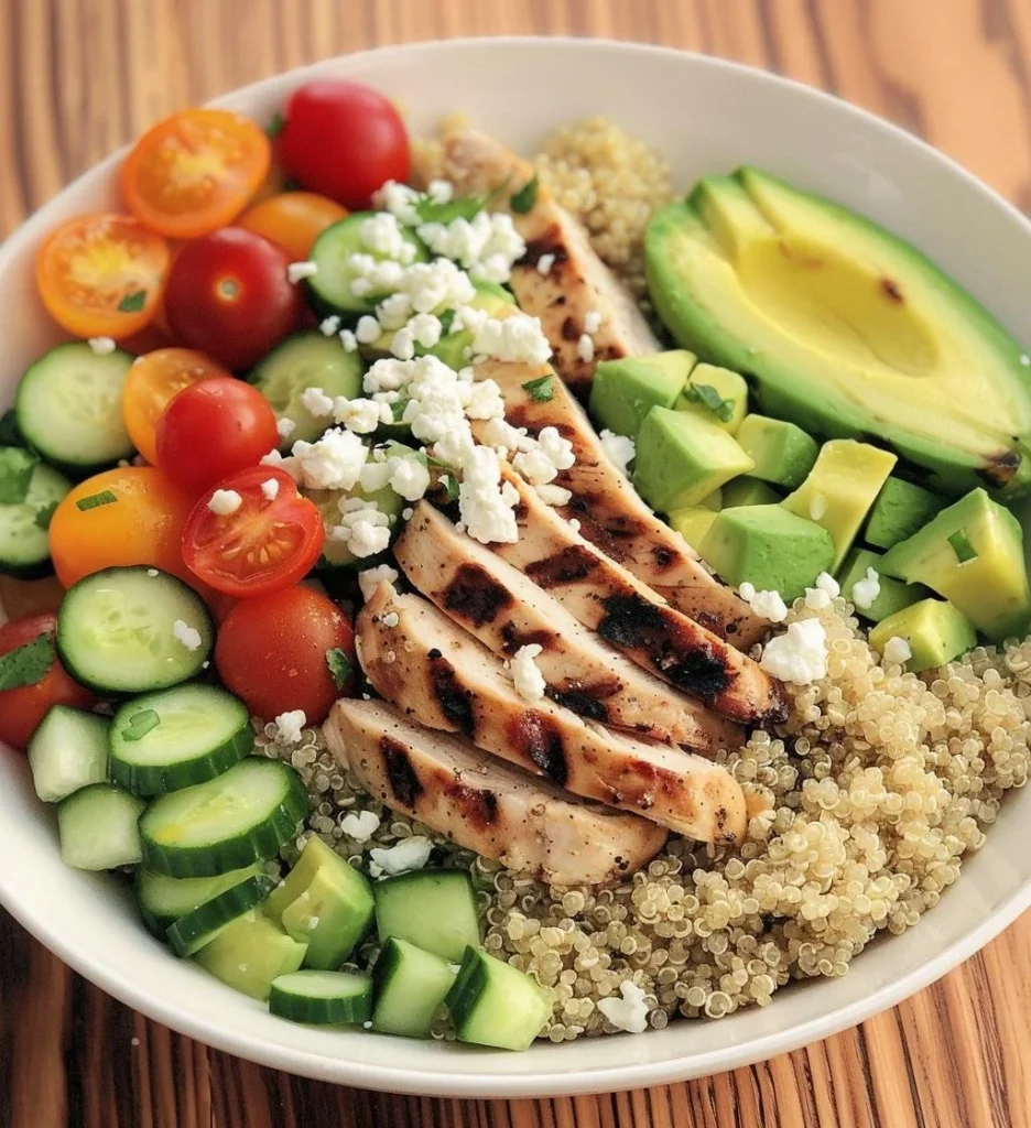 Healthy grilled chicken quinoa bowls with colorful toppings and fresh ingredients