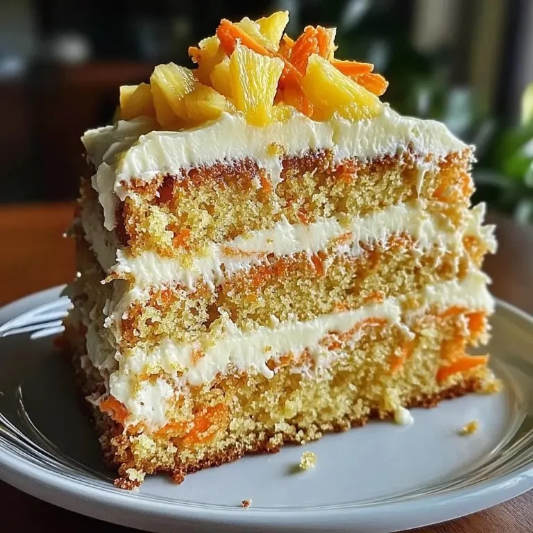 Hawaiian Carrot Pineapple Cake topped with cream cheese frosting and pineapple slices