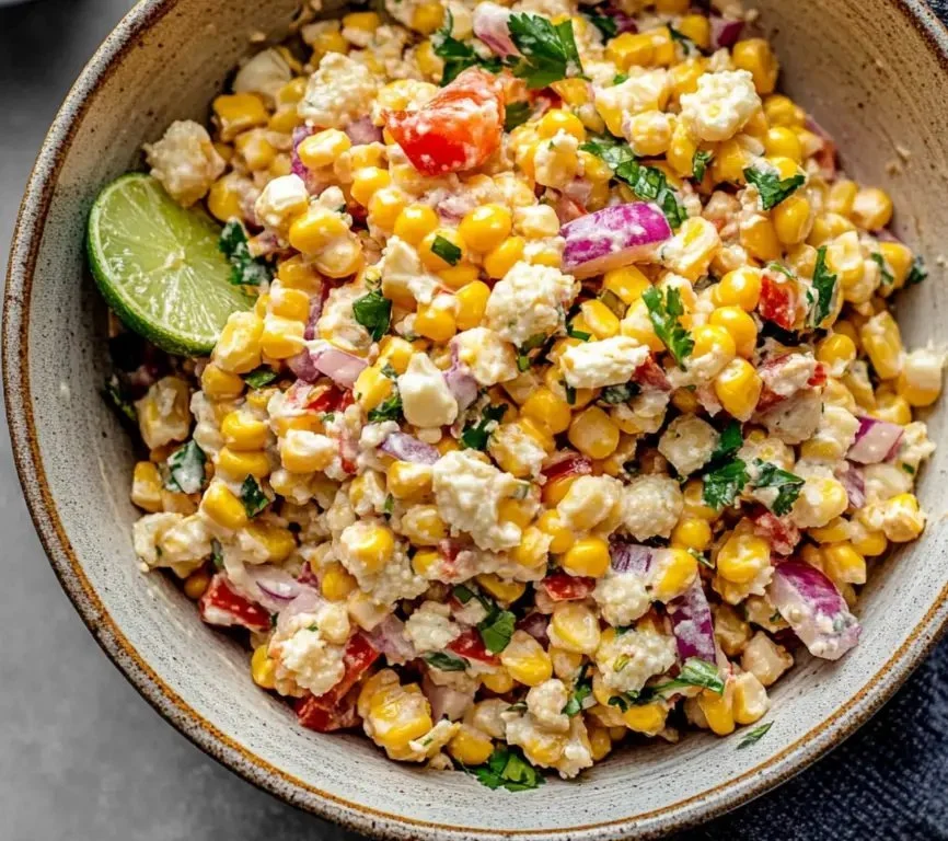 Delicious Mexican Street Corn Salad (Esquites) with fresh ingredients and vibrant spices.