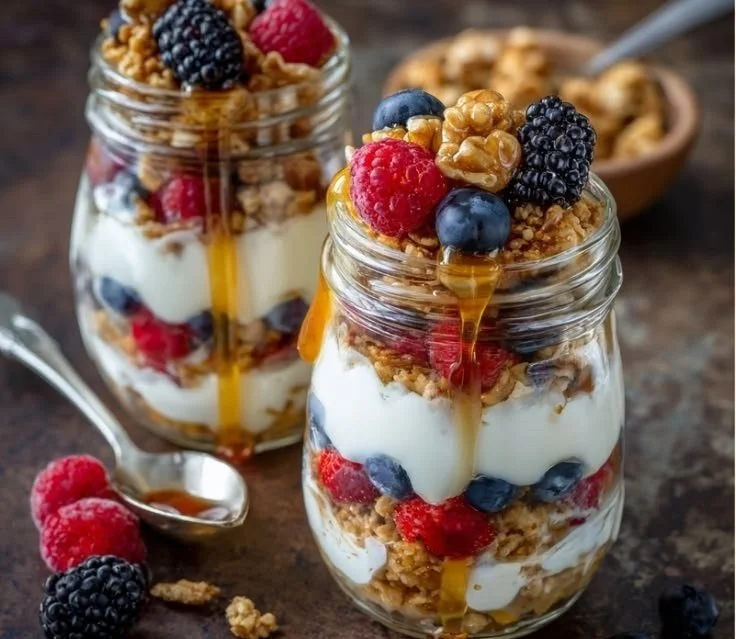 Delicious overnight yogurt parfait jars filled with fruits and granola