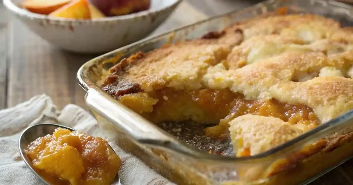 Delicious Peach Dump Cake served with fresh peach slices