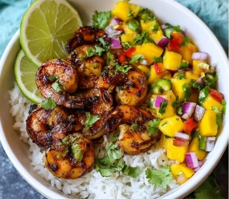 Shrimp meal prep bowl topped with fresh mango salsa and served in a bright dish.