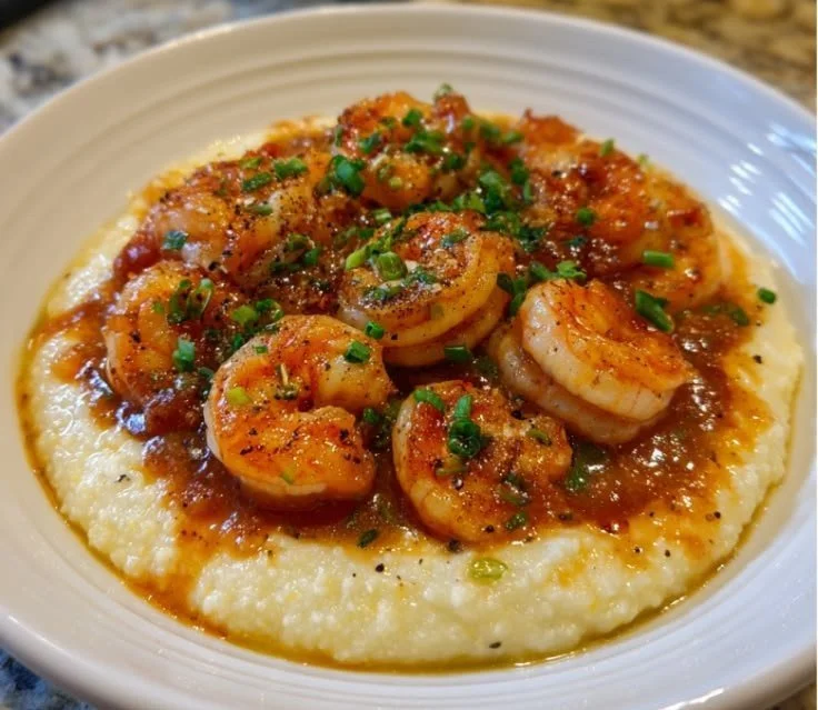 Delicious smoky Chipotle shrimp served over creamy grits in a bowl.