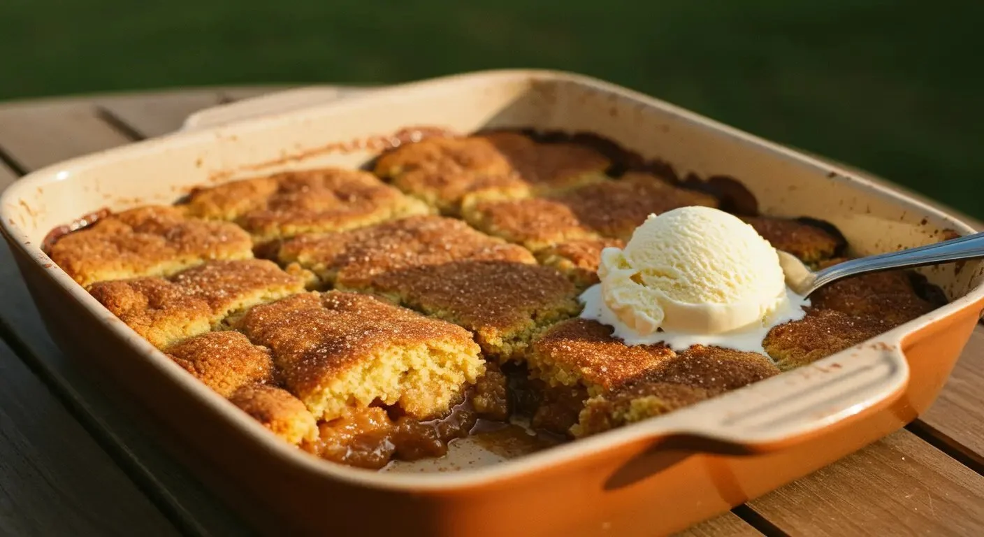 Delicious Snickerdoodle Cobbler with cinnamon sugar topping in a baking dish