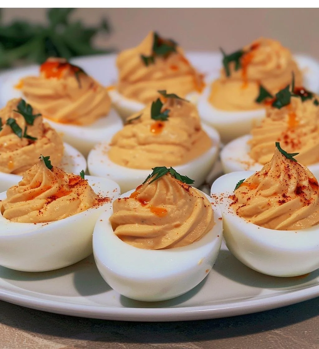 Spicy chili garlic deviled eggs with vibrant garnishes in a serving platter.