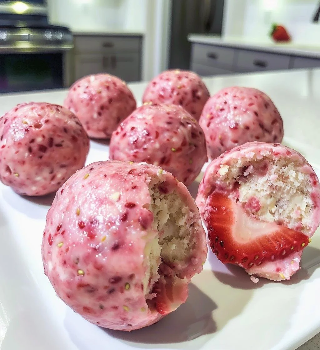 Strawberry Cheesecake Protein Balls with fresh strawberries and cheese