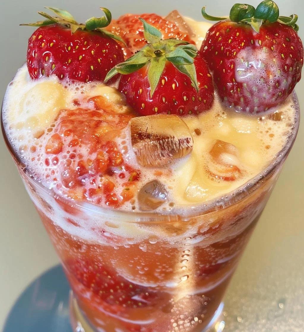 Refreshing homemade strawberry cream soda beverage with whipped cream on top.