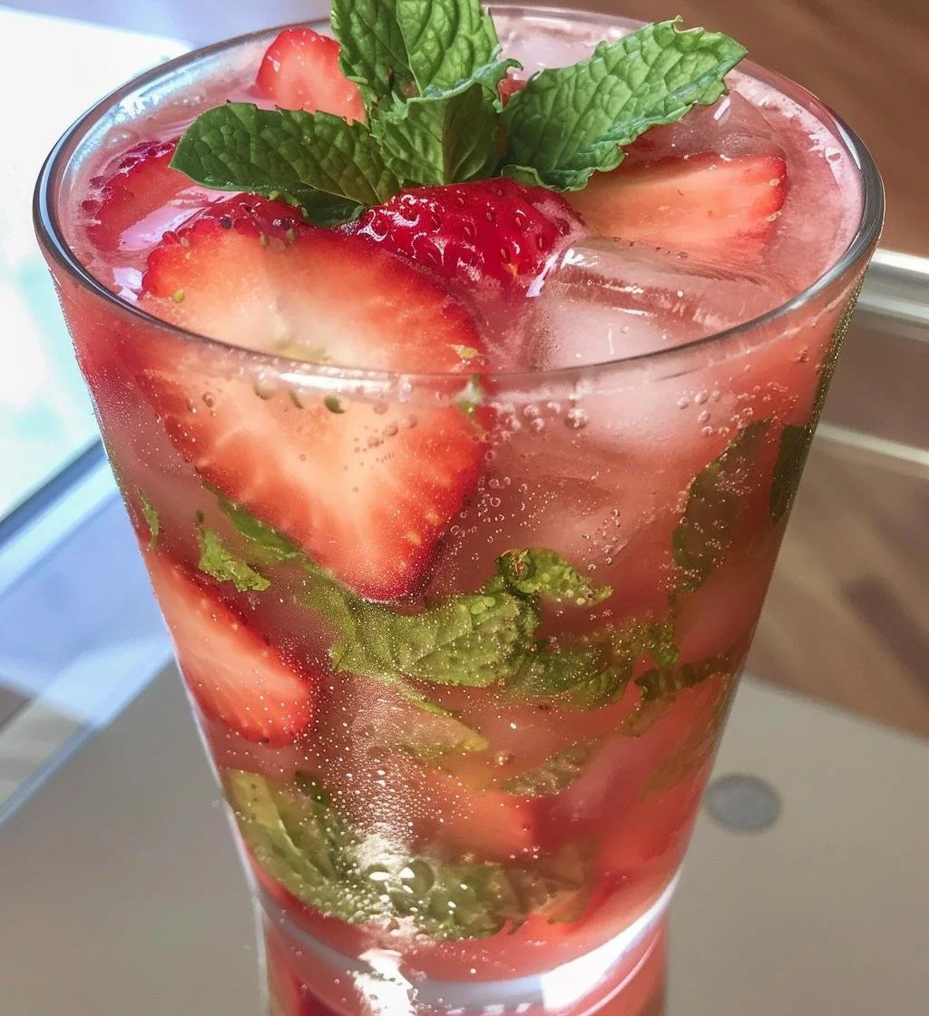 A refreshing glass of Strawberry Dirty Sprite garnished with strawberries.