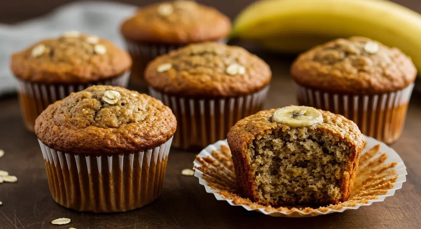 Delicious 3 ingredient banana oatmeal muffins on a wooden table