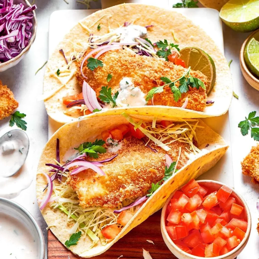 Crispy air fryer fish tacos topped with fresh ingredients and lime