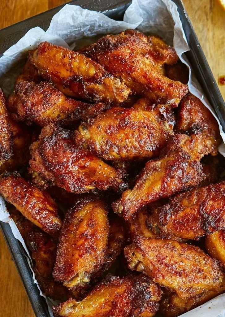 Crispy Baked Chicken Wings served with dipping sauce on a wooden platter