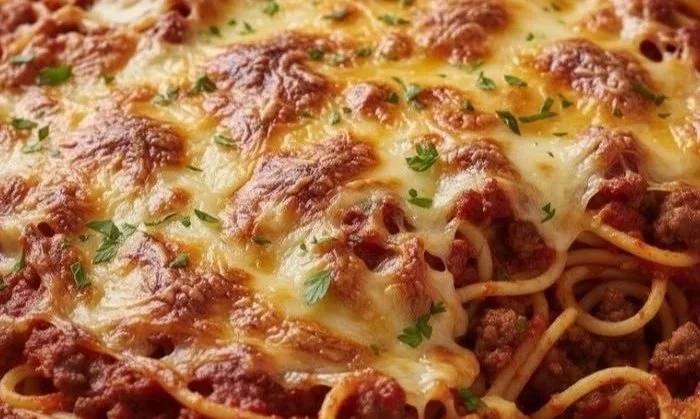A delicious baked spaghetti casserole topped with melted cheese and herbs.