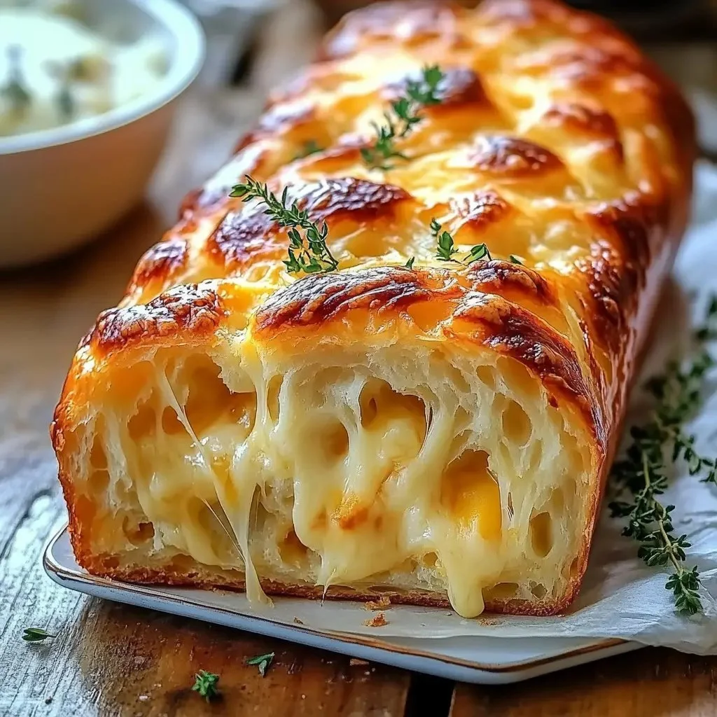 Freshly baked cheese bread with melted cheese on top, golden crust