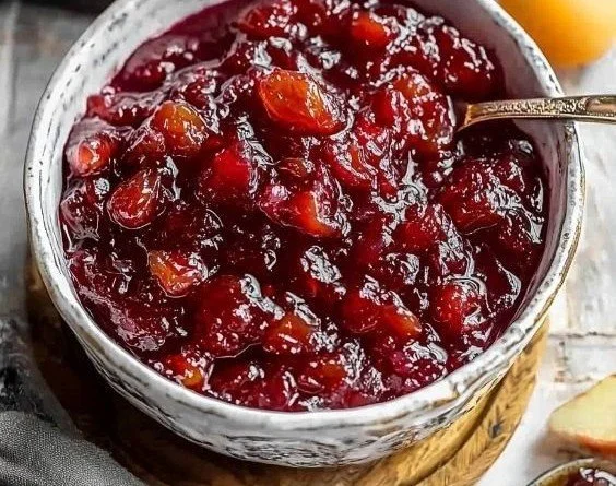 Homemade cranberry chutney in a jar with fresh cranberries