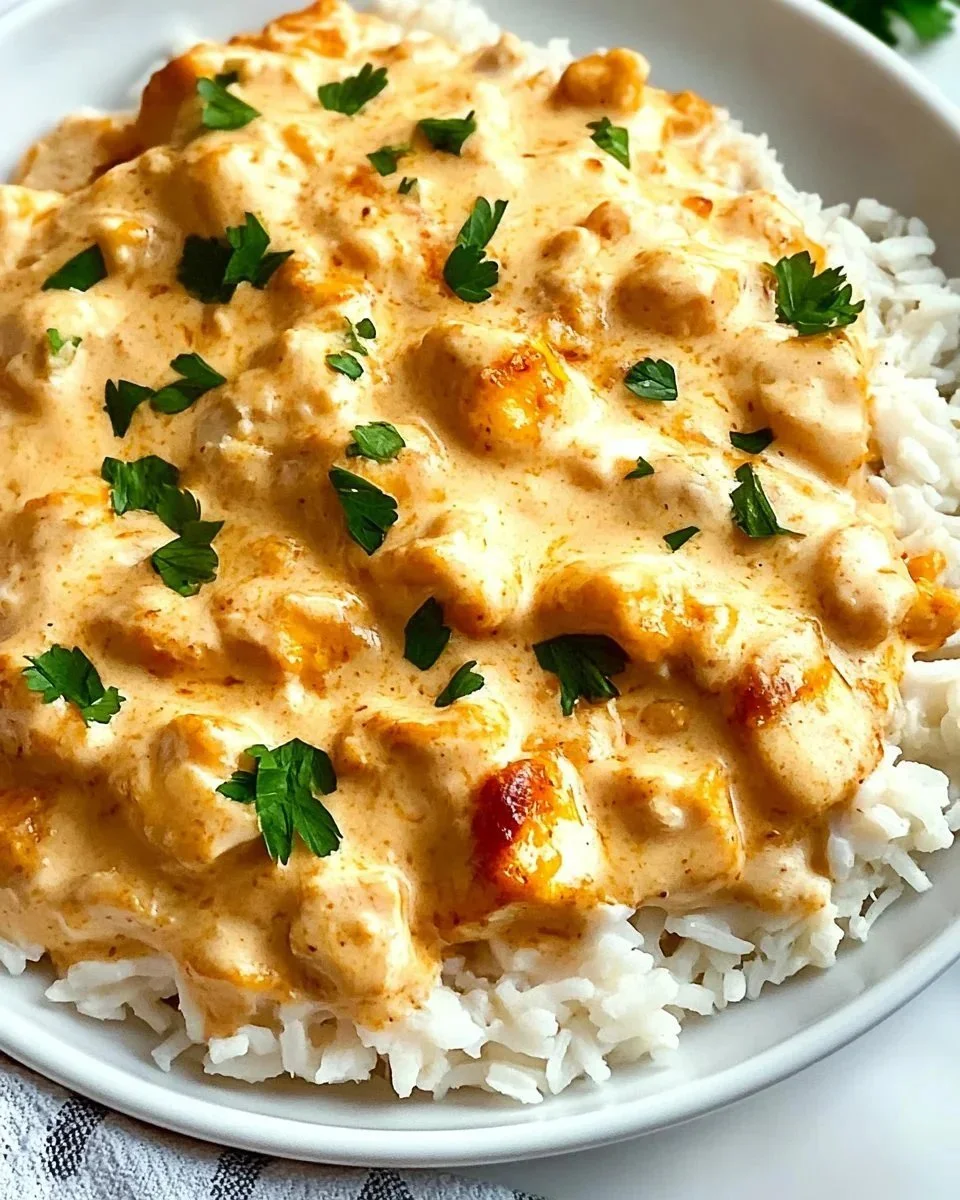 Creamy smothered chicken served over rice with savory sauce