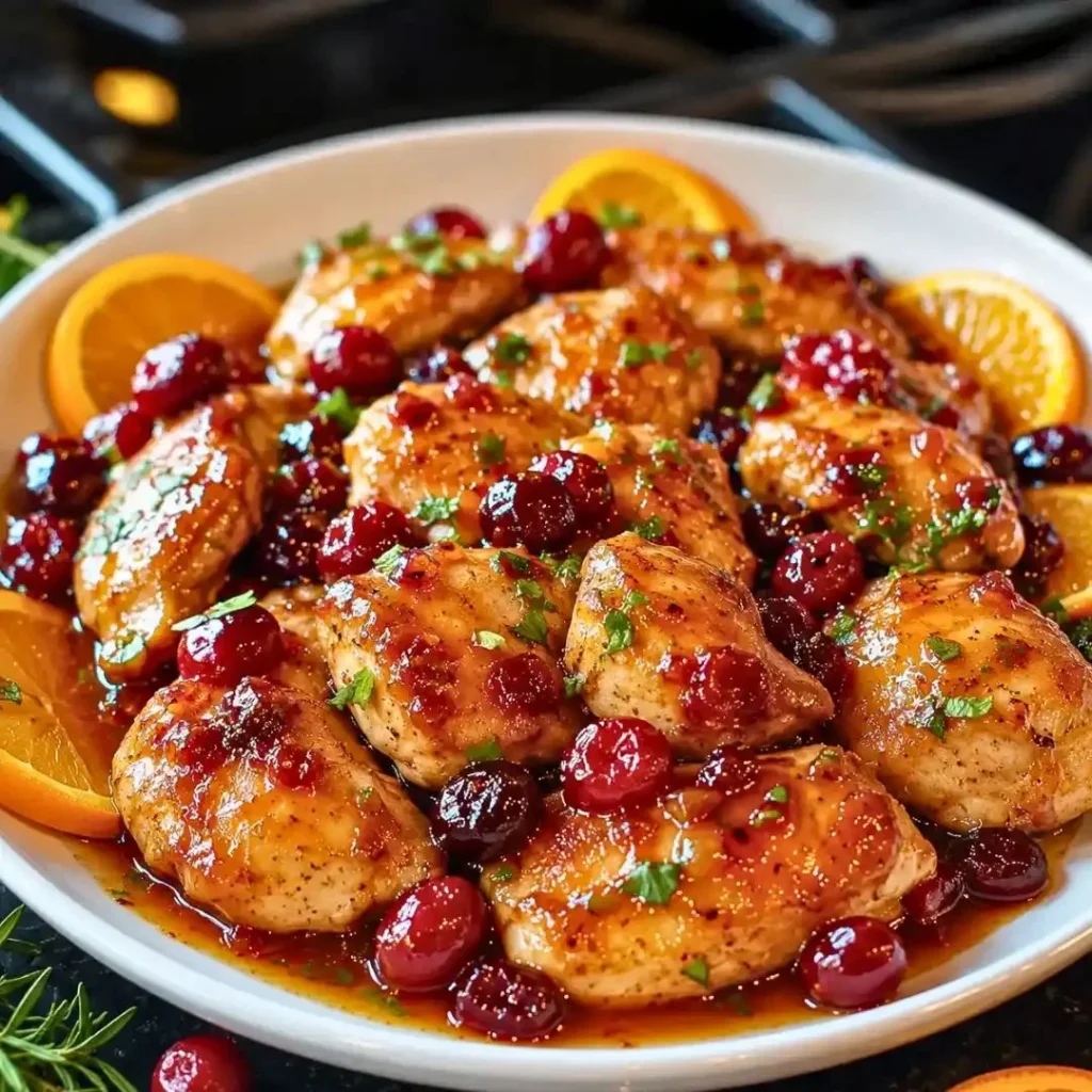 Delicious easy cranberry orange chicken served for a festive holiday dinner