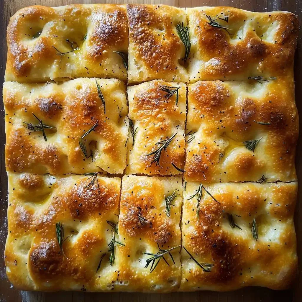 A freshly baked loaf of easy focaccia bread topped with herbs and olive oil