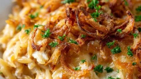 Delicious French Onion Chicken Orzo Casserole baked to perfection