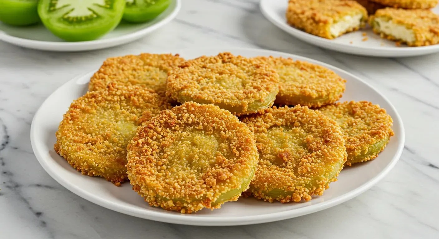 Delicious Fried Green Tomatoes served on a plate with dipping sauce