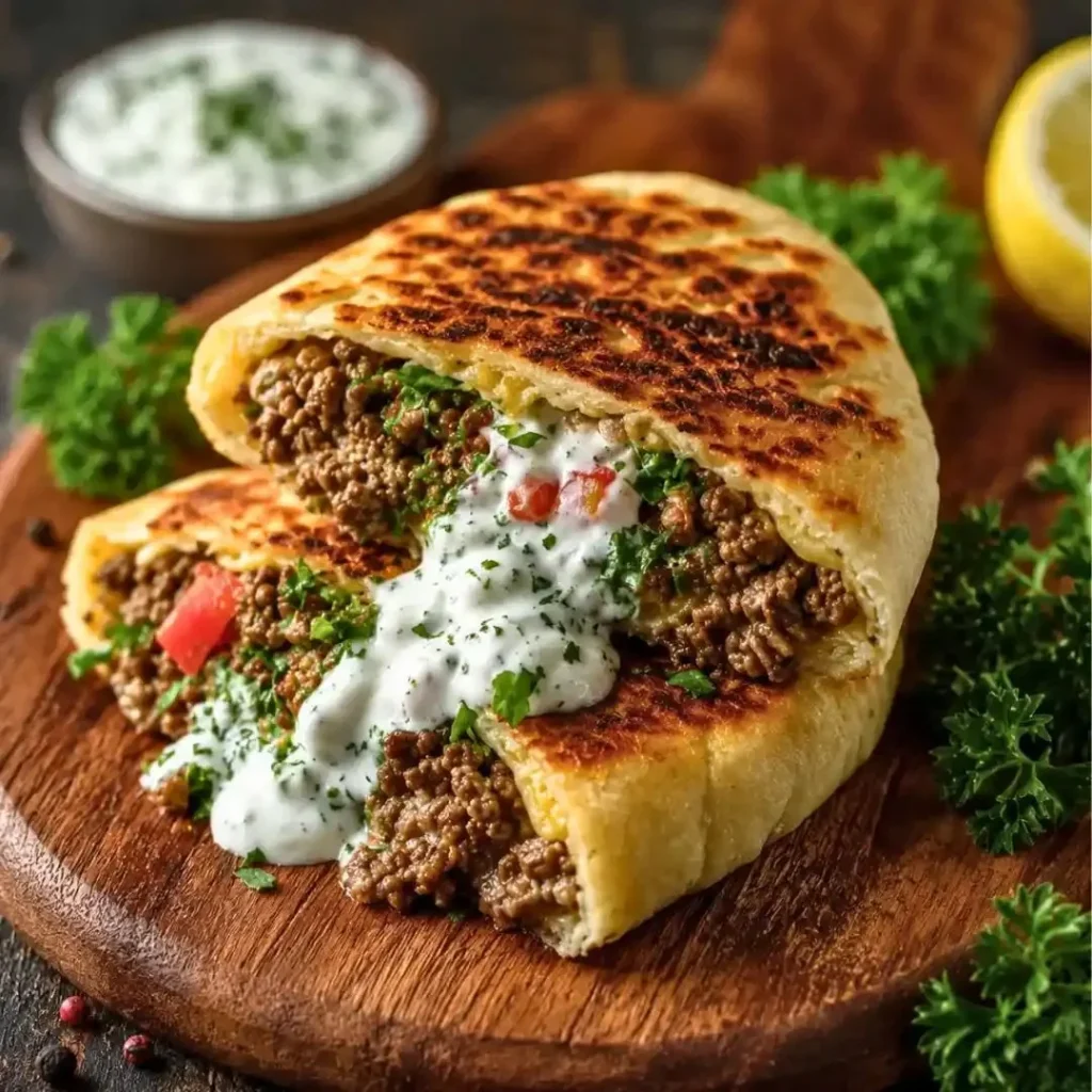 Greek beef stuffed pita with lemon garlic served on a plate