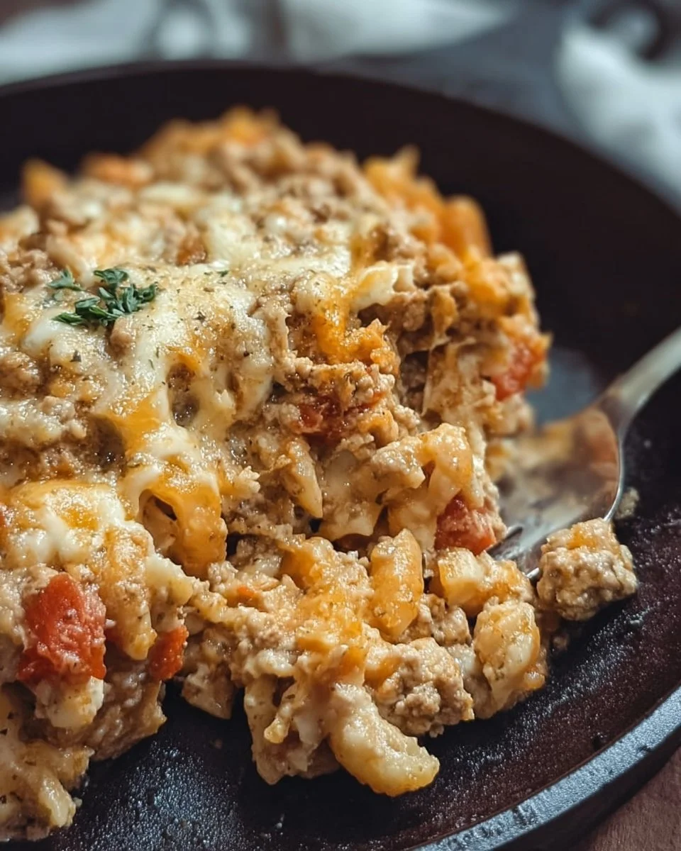 Ground turkey skillet casserole served in a colorful dish with vegetables