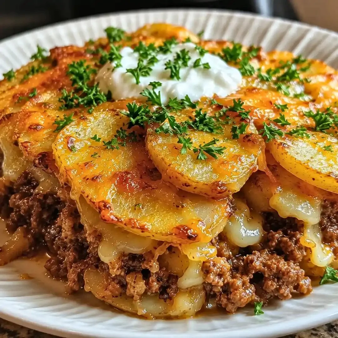 Healthy Loaded Beef and Potato Bake served in a casserole dish