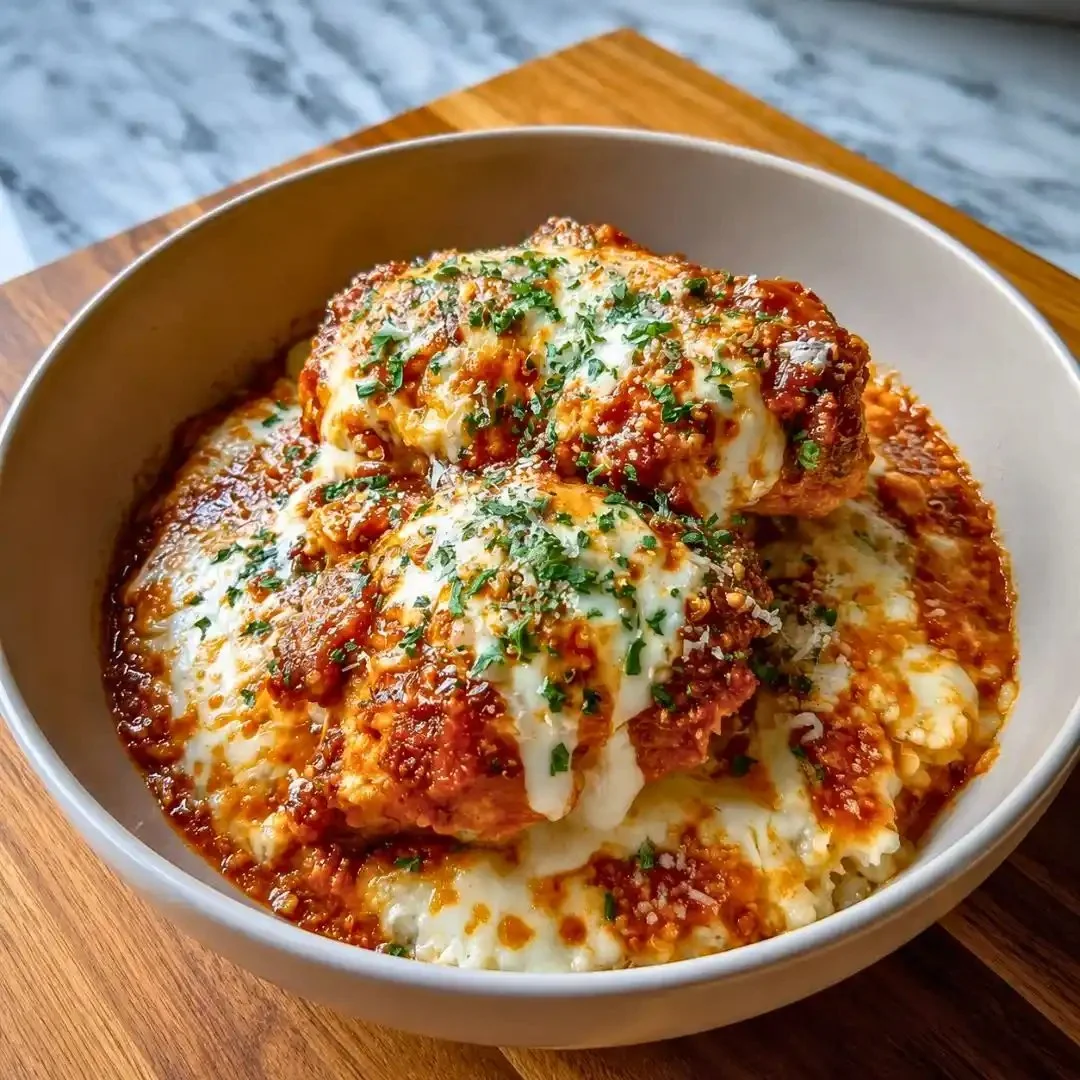 High-protein chicken parm bowl ready in 15 minutes with fresh ingredients.
