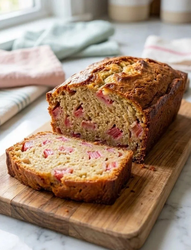 Freshly baked rhubarb bread with a golden crust and pink rhubarb pieces