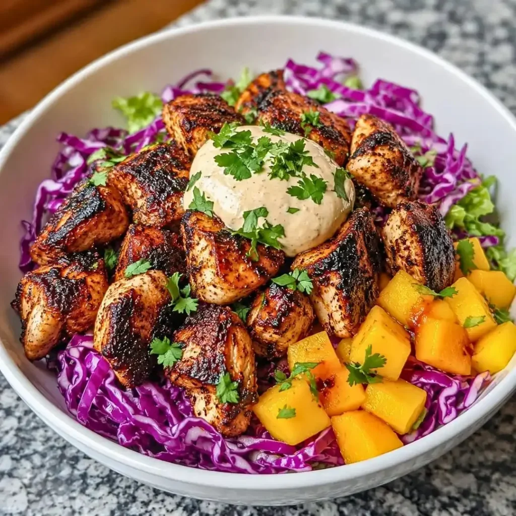 Jerk chicken bowl with mango slaw and honey lime cream on a colorful table