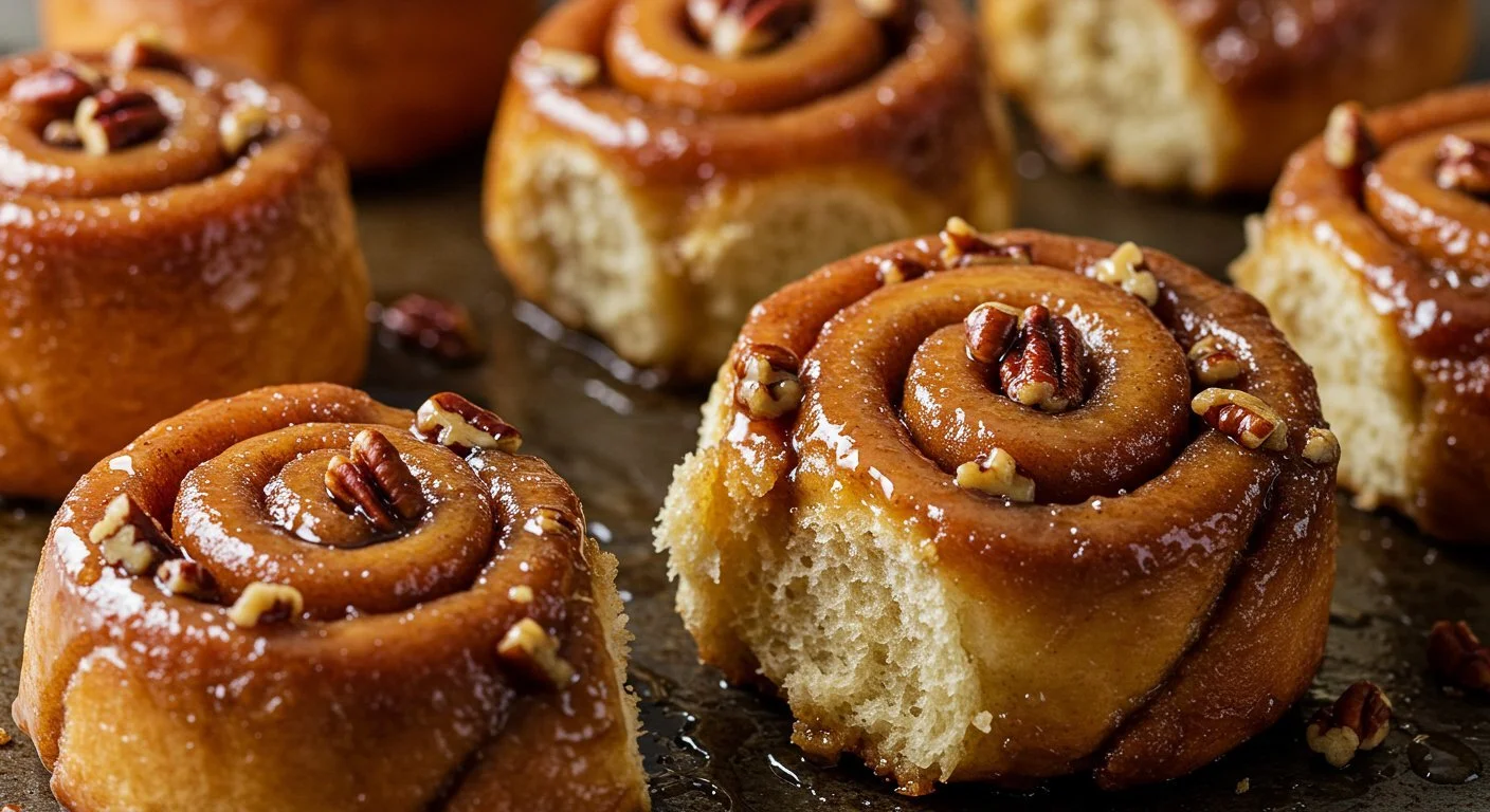 Delicious Maple Pecan Sticky Buns topped with a gooey maple glaze and pecans.