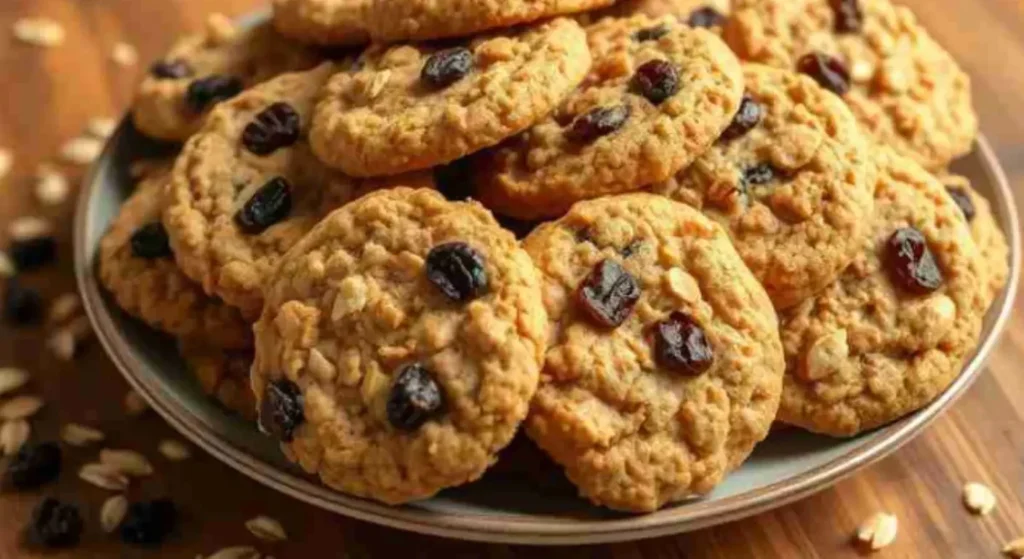 Freshly baked oatmeal raisin cookies on a cooling rack