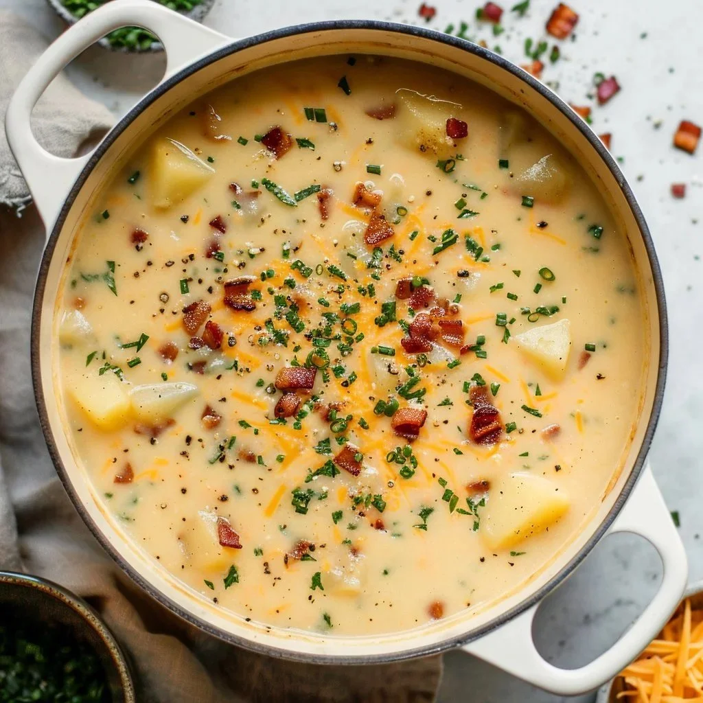 Bowl of Outback Potato Soup topped with green onions and crispy bacon