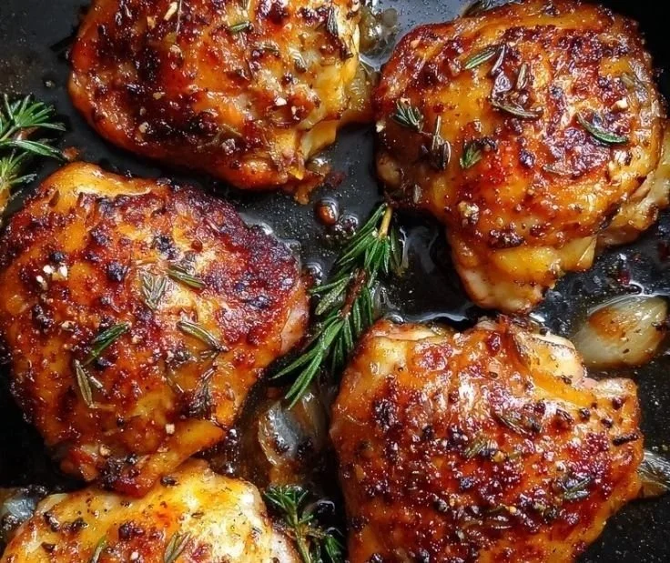 Oven-roasted chicken thighs with crispy skin served on a plate
