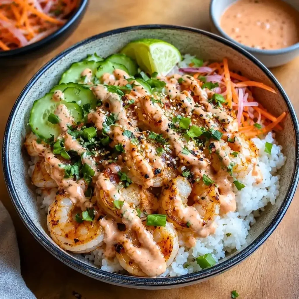 Delicious shrimp rice bowls garnished with spicy mayo