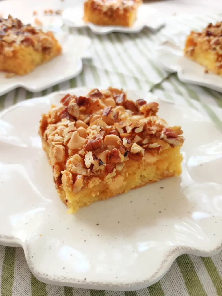 Delicious Butterscotch Crunch Cake Bars topped with a crunchy layer