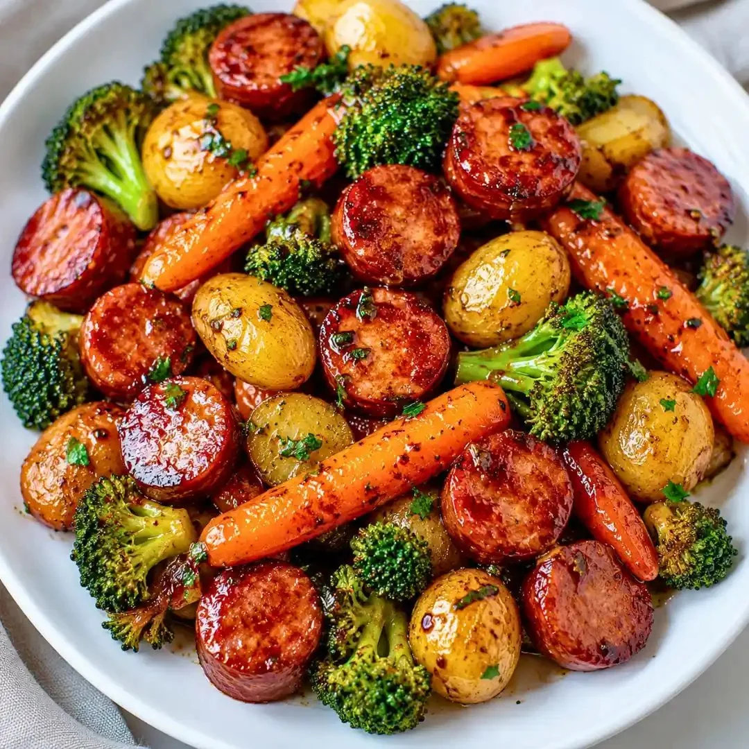 One-pan honey garlic beef kielbasa with colorful veggies on a plate.