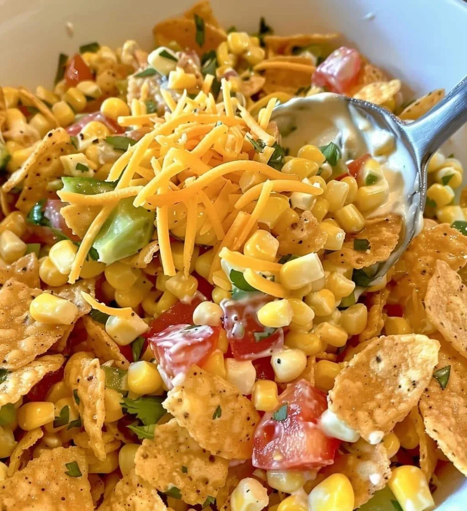 Frito Corn Salad with sweet corn, Fritos, and dressing in a bowl