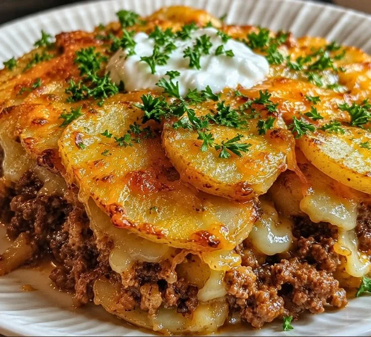 Healthy Loaded Beef and Potato Bake dish served for family dinner