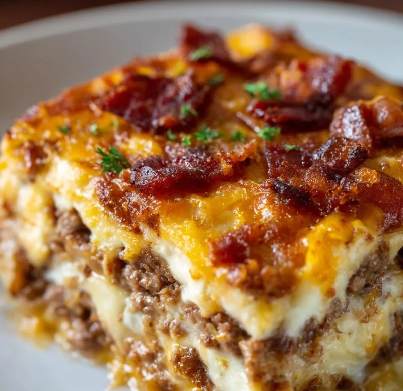 Low-carb bacon cheeseburger casserole topped with cheese and crispy bacon