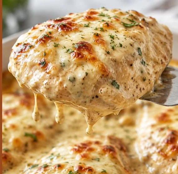 Delicious smothered sour cream chicken served on a plate with herbs and side dishes.